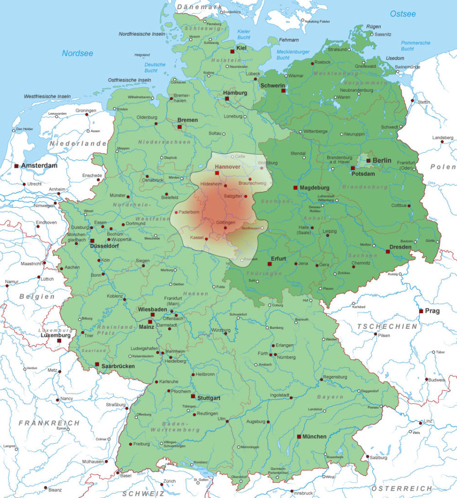 Landkarte von Deutschland mit dem Verteilgebiet der AS-Company